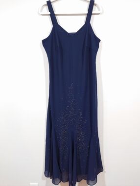 Faith Fashions Navy Beaded Evening Dress | Bias Cut Midi | Size 14W